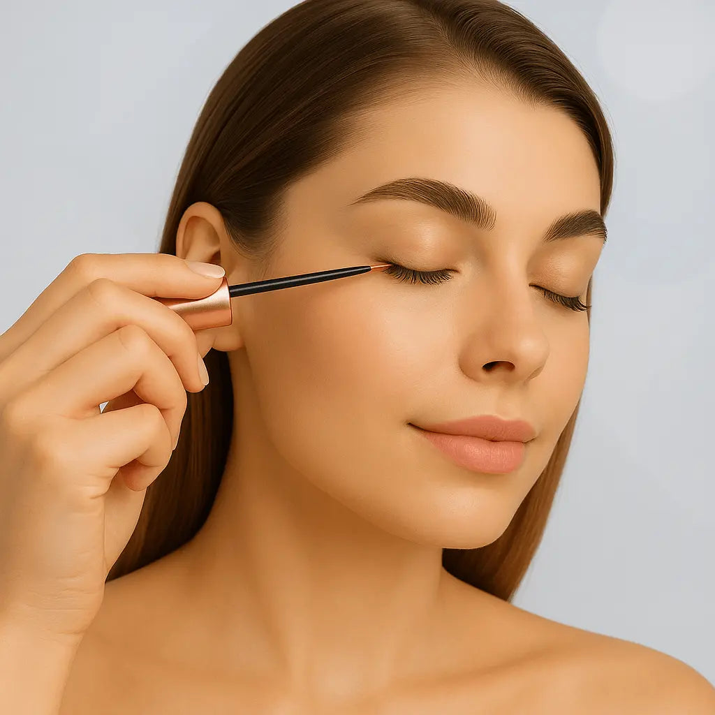 Applying Miss Intention Lash Serum to upper lash line
