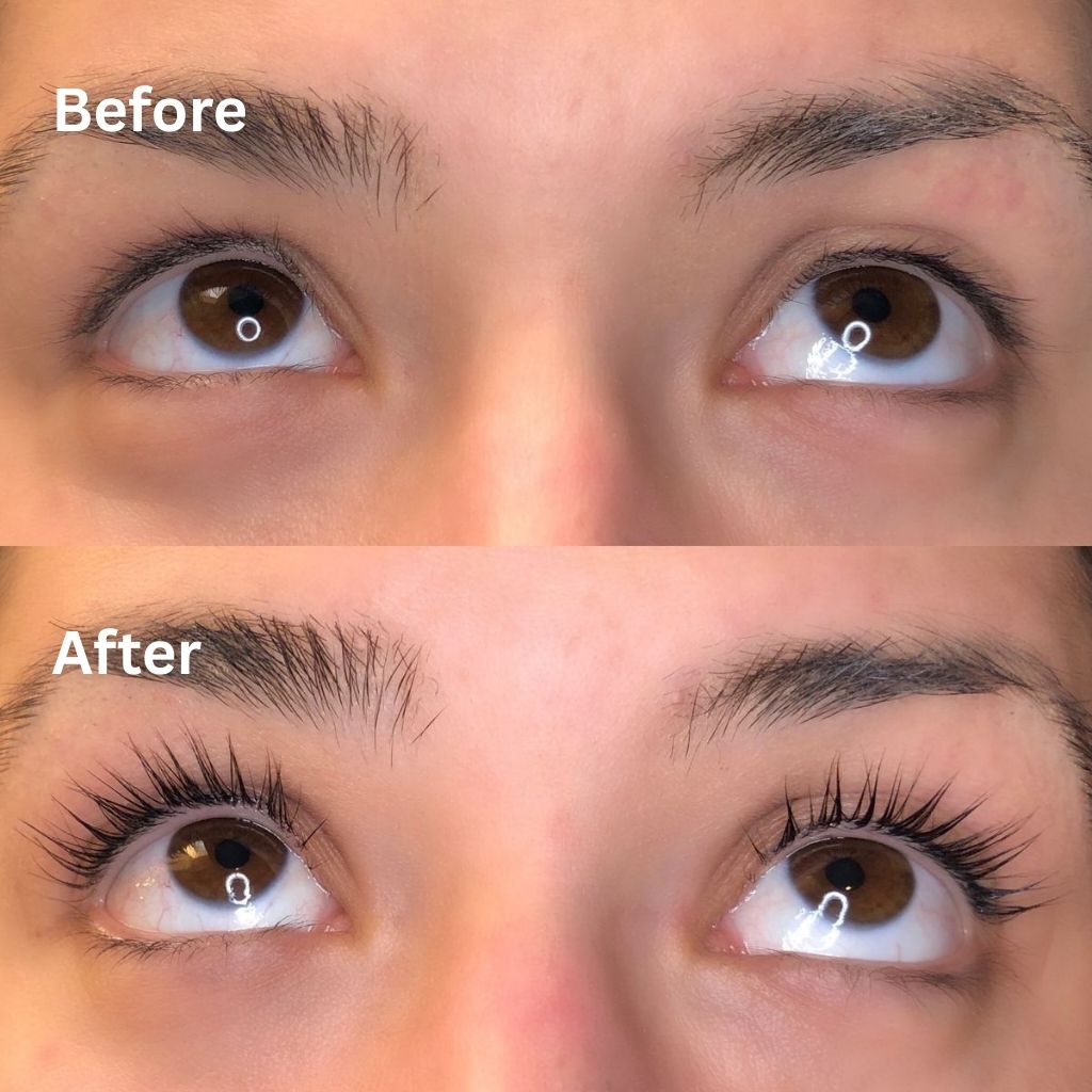 Before and after comparison of eyelashes on a person's eyes.