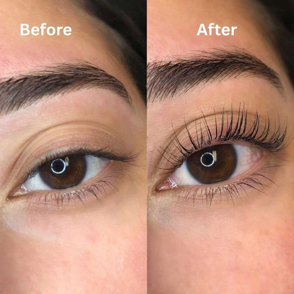 Before and after comparison of eye makeup application on a person's face.