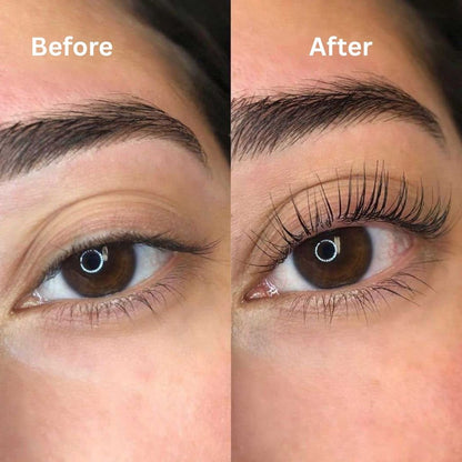 Before and after comparison of eye makeup application on a person's face.