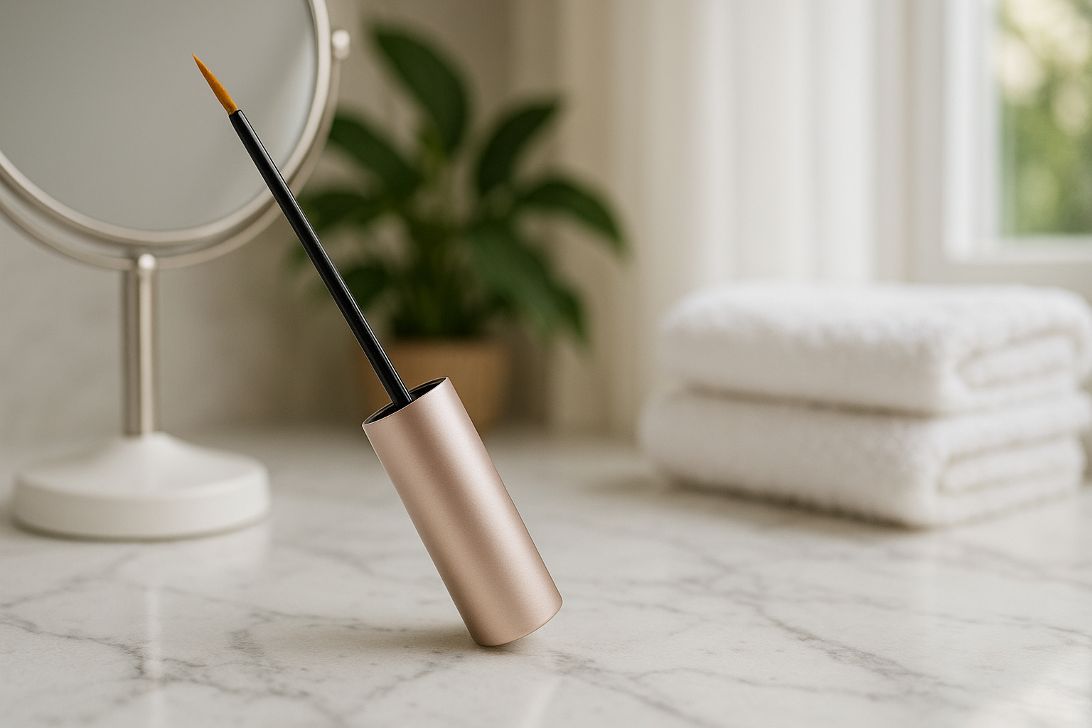 Makeup brush in a gold holder on a marble surface with a mirror and towels in the background